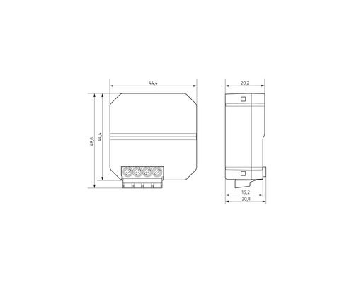 Technische Zeichnung eines elektronischen Bauteils mit Maßangaben.