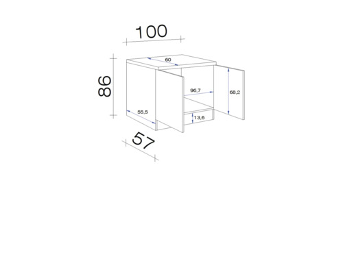 Technische Zeichnung eines Unterschranks mit Maßangaben