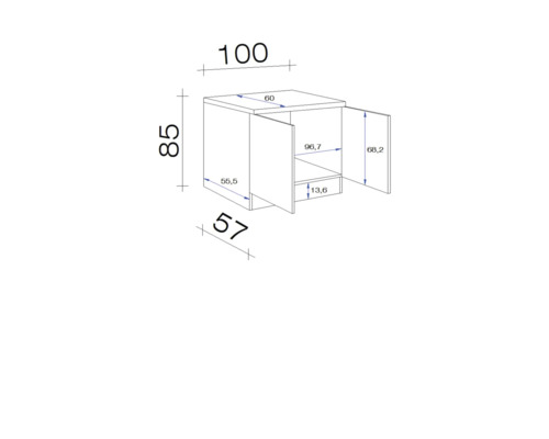 Technische Zeichnung eines Schrankes mit Abmessungen