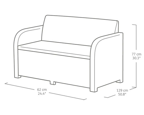 Umrisszeichnung einer Gartenbank mit Maßen.