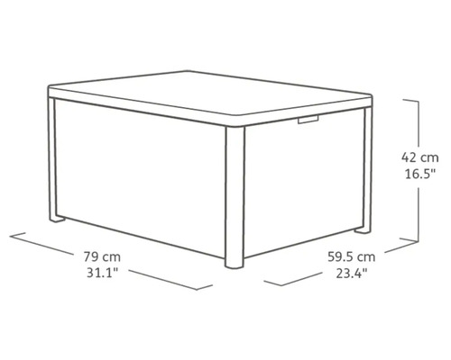 Abbildung einer Aufbewahrungsbox mit den Maßen 79 cm Länge, 59,5 cm Breite und 42 cm Höhe.