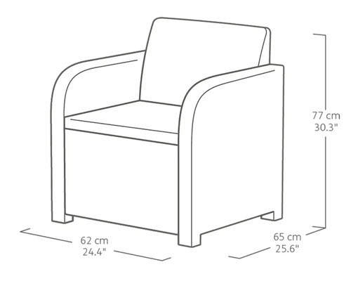 Abmessungen Sessel: 62 Zentimeter breit, 65 Zentimeter tief und 77 Zentimeter hoch