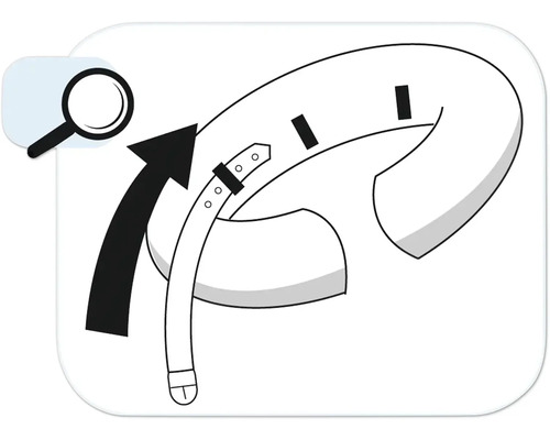 Abbildung einer verstellbaren Kopfstütze mit Lupe und Pfeil zur Hervorhebung der Anpassungsfähigkeit.
