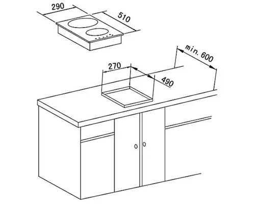 Zeichnung eines Kochfelds mit Abmessungen zur Installation in einer Küchenzeile