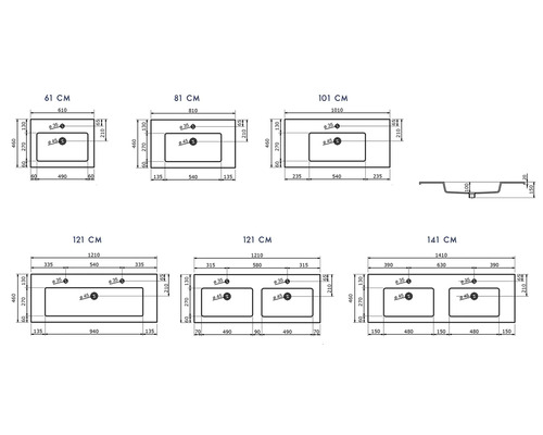 Technische Zeichnung von Waschtischen in verschiedenen Größen mit Maßangaben