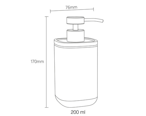 Abmessungen eines Seifenspenders: 170 mm hoch, 76 mm breit, Fassungsvermögen 200 ml
