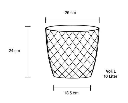 Abbildung eines Abfalleimers mit den Maßen 26 cm Breite, 24 cm Höhe, 18,5 cm Tiefe und 10 Liter Volumen.