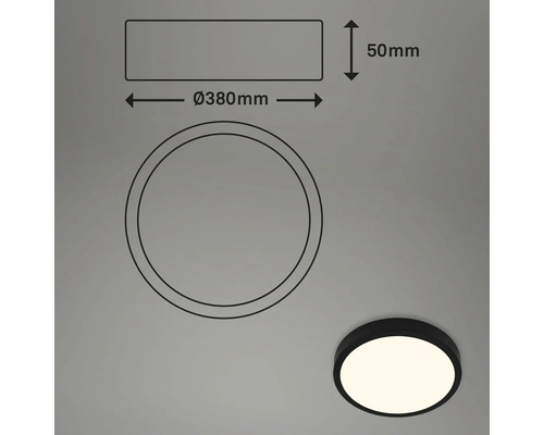 Abbildung einer Deckenleuchte mit den Maßen 380 Millimeter Durchmesser und 50 Millimeter Höhe.