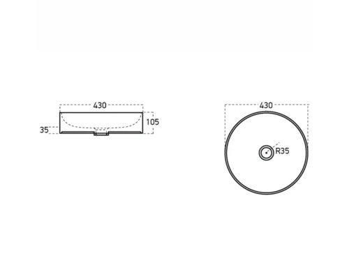 Zeichnung eines Aufsatzwaschbeckens mit Maßangaben