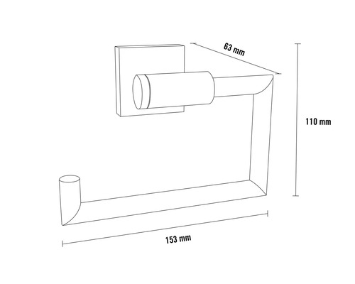 Abbildung eines Toilettenpapierhalters mit den Maßen 63 mm, 110 mm und 153 mm.
