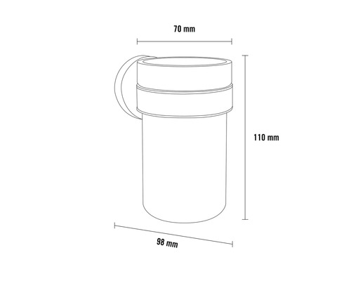 Technische Zeichnung eines Behälters mit den Maßen 70 mm, 98 mm und 110 mm.