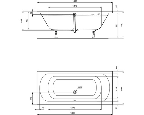 Technische Zeichnung einer Badewanne mit Maßangaben