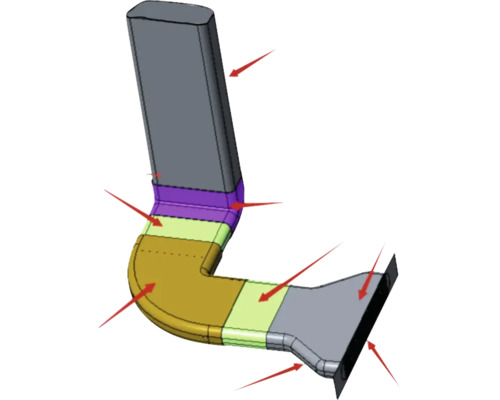 L-förmiges Lüftungsrohr mit mehreren Abschnitten und Pfeilen, die auf Details hinweisen.