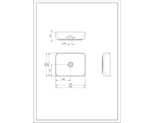 Technische Zeichnung eines Aufsatzwaschbeckens mit Maßangaben.