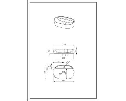 Technische Zeichnung eines Waschtisches mit Maßangaben