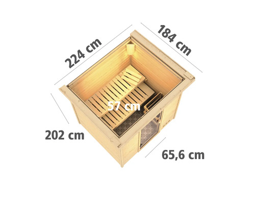 Sauna mit den Maßen 184 cm mal 224 cm und einer Höhe von 202 cm