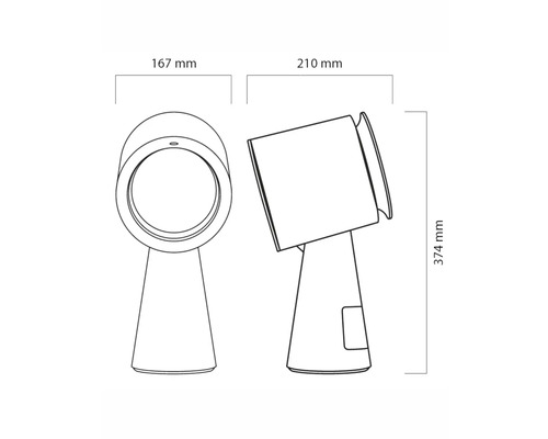 Technische Zeichnung einer Tischleuchte mit Maßangaben