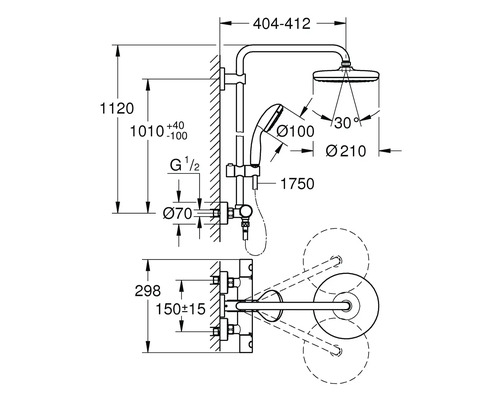 Technische Zeichnung einer Duscharmatur mit Maßangaben.