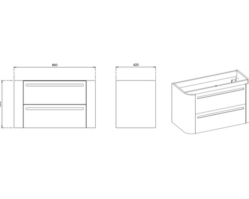 Technische Zeichnung eines Waschtischunterschranks mit zwei Schubladen und Maßangaben