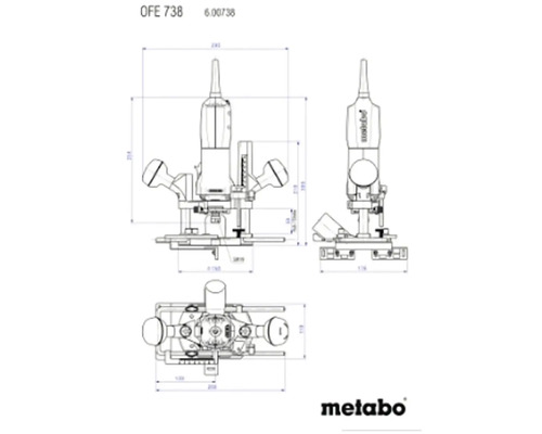 Technische Zeichnung einer Metabo OFE 738 Oberfräse mit Maßangaben.