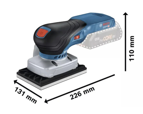 Bosch Professional Akku-Schwingschleifer mit den Maßen 226 mm Länge, 131 mm Breite und 110 mm Höhe