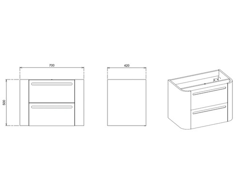 Technische Zeichnung eines Waschtischunterschranks mit Schubladen und Maßangaben