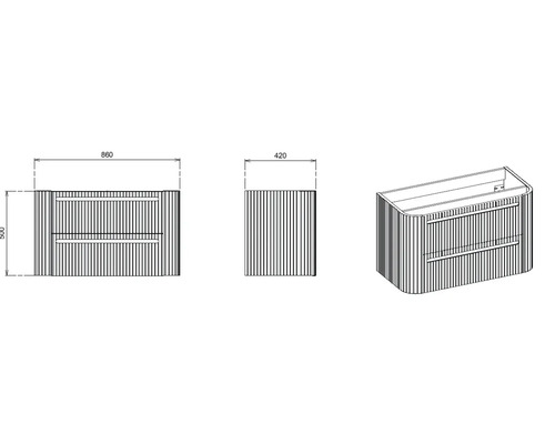 Zeichnung eines Waschtischunterschranks mit Maßen 860 x 420 x 500 Millimeter.
