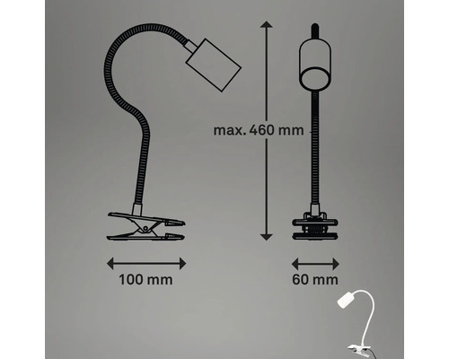Technische Zeichnung einer Klemmleuchte mit den Maßangaben: Maximale Höhe 460 Millimeter, Klemmbreite 100 Millimeter und 60 Millimeter.