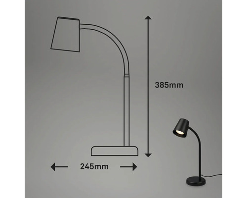Abmessungen einer Schreibtischleuchte: 385 mm Höhe und 245 mm Breite