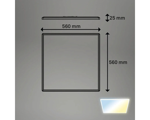 Technische Zeichnung einer quadratischen Lampe mit den Maßen 560 x 560 x 25 Millimeter.