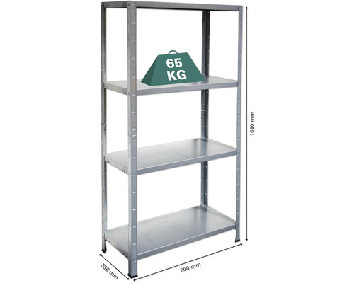 Metallregal mit drei Böden, 800 Millimeter breit, 350 Millimeter tief und 1580 Millimeter hoch