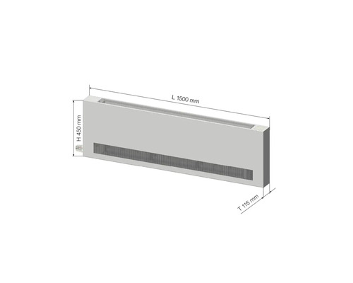 Heizkörperkonvektor mit den Maßen Länge 1500 mm, Höhe 450 mm und Tiefe 115 mm.