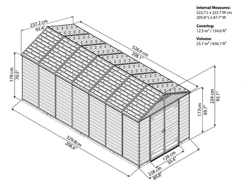 Technische Zeichnung eines Gerätehauses mit Maßangaben