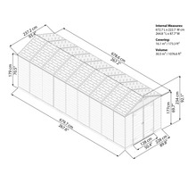 Illustration eines Gartenhauses mit Maßangaben zu Länge, Breite und Höhe