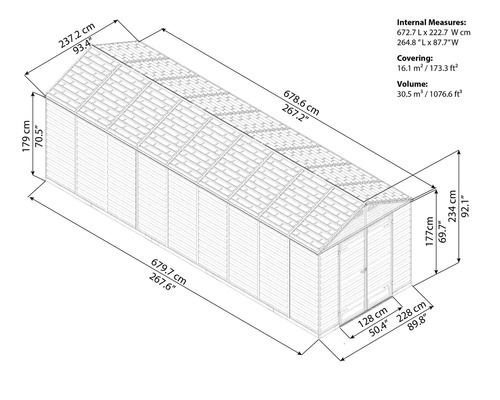 Illustration eines Gartenhauses mit Maßangaben zu Länge, Breite und Höhe