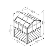 Maße eines Gartenhauses mit Angaben zu Höhe, Breite und Tiefe
