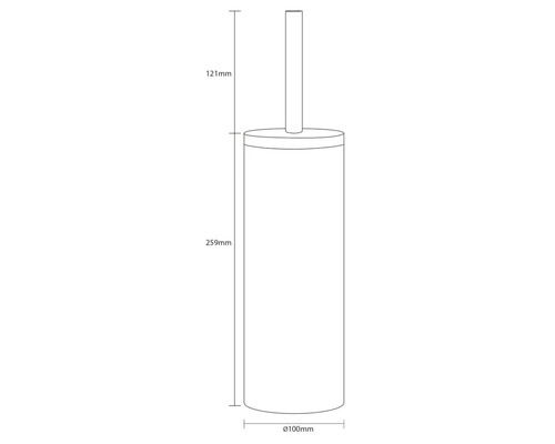 Technische Zeichnung einer Toilettenbürste mit den Maßen 259 mm Höhe, 121 mm Bürstenhöhe und 100 mm Durchmesser.