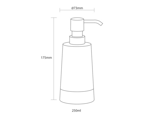 Technische Zeichnung eines Seifenspenders, 175 mm hoch, 73 mm Durchmesser, 250 ml Fassungsvermögen