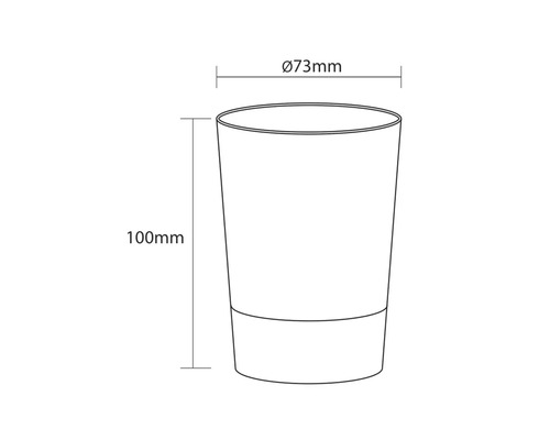 Technische Zeichnung eines Bechers mit den Maßen 73 Millimeter Durchmesser und 100 Millimeter Höhe