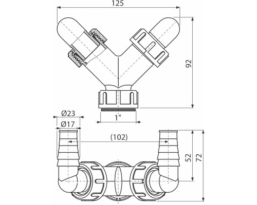 Technische Zeichnung eines Y-Verbindungsstücks mit Maßangaben
