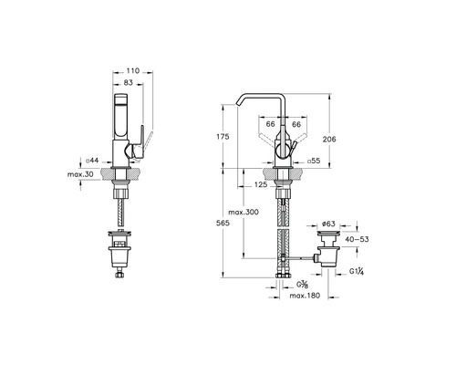 Technische Zeichnung eines Wasserhahns mit Maßangaben