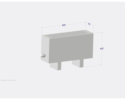 Heizkörper mit den Maßen 600 x 180 x 400 Millimeter.