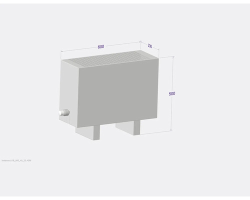 Abbildung eines Wassererwärmers mit den Maßen 600, 230 und 500 Millimeter.