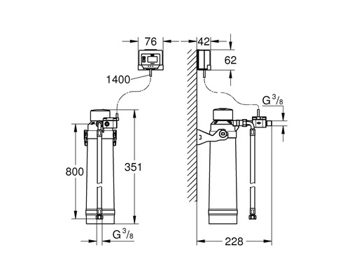 Technische Zeichnung eines Wasserfilters mit Maßangaben