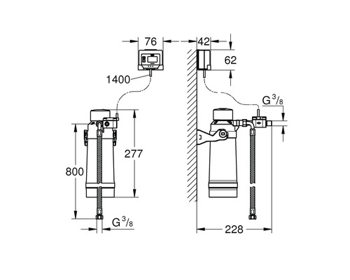 Technische Zeichnung eines Wasserfilters mit Maßangaben