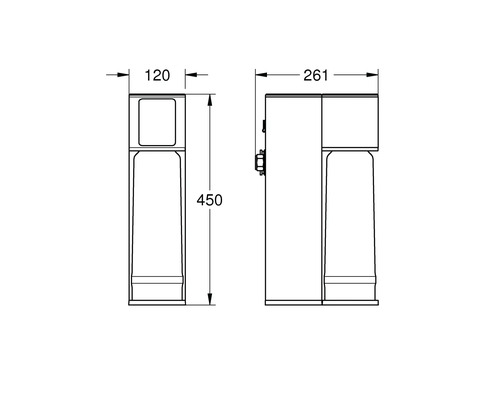 Technische Zeichnung eines Spenders mit Maßangaben