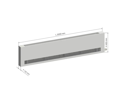 Sockelheizung mit den Maßen Länge 2000 mm, Höhe 450 mm und Tiefe 115 mm.