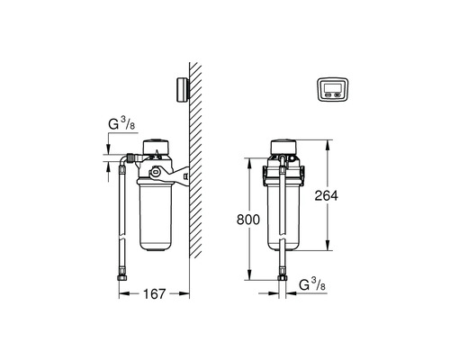 Technische Zeichnung eines Wasserfilters mit Maßangaben.