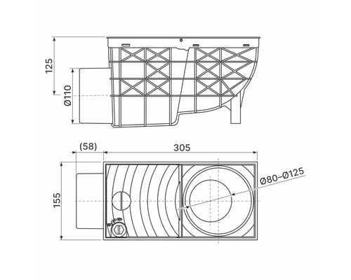 Technische Zeichnung eines Siphons mit Maßen.