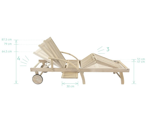 Holzliege mit verstellbarer Rückenlehne und Rädern, Abmessungen werden angezeigt
